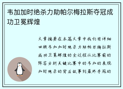 韦加加时绝杀力助帕尔梅拉斯夺冠成功卫冕辉煌